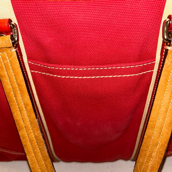 Coach Red Canvas Tote Bag with Red and Tan Leather Trim - Picture 13 of 14